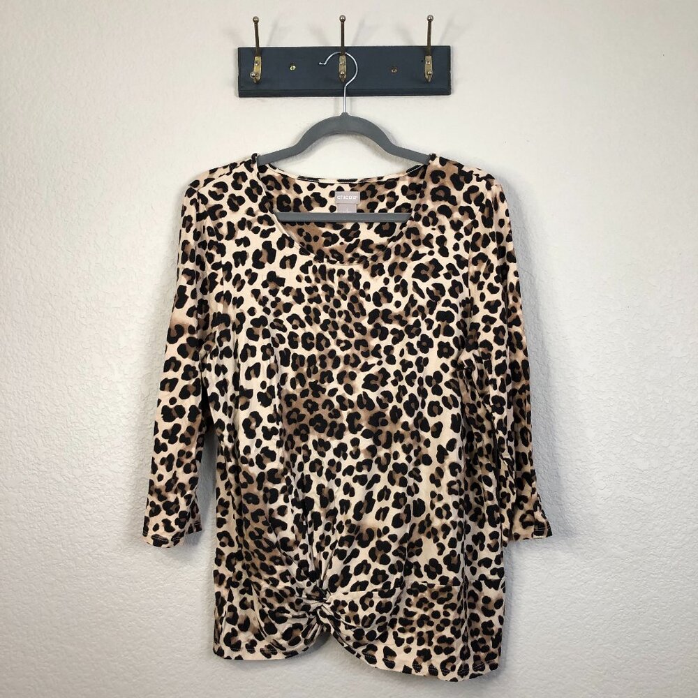 Chico's Animal Print 3/4 Sleeve Top Women's 2 L Stretch Career Office Feminine